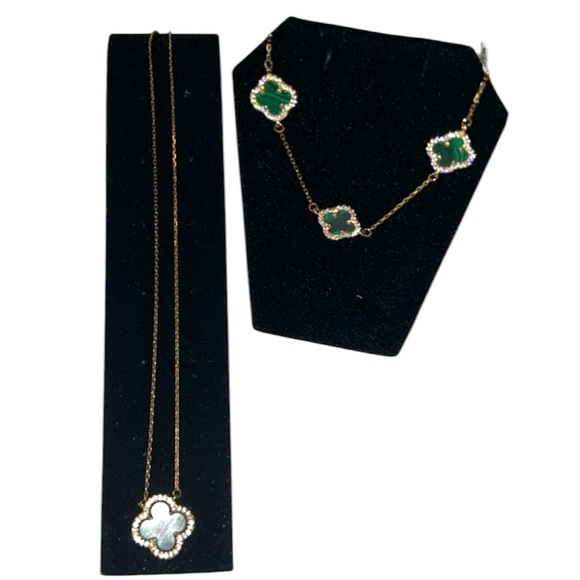 Emerald Stone Green Lucky Clover Necklace & Braclet Gold Plated W Zirconia Set - Picture 2 of 12